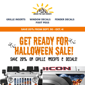 Last Chance! 🎃GET READY FOR HALLOWEEN SALE! SAVE 20% on Grille Inserts & Decals incl. NEW HALLOWEEN DESIGNS!