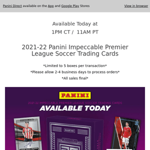 ⚽ Available today at 1PM CT /11AM PT 2021-22 Panini Impeccable Premier League Soccer Trading Cards