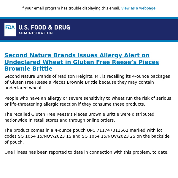 Second Nature Brands Issues Allergy Alert on Undeclared Wheat in Gluten Free Reese’s Pieces Brownie Brittle