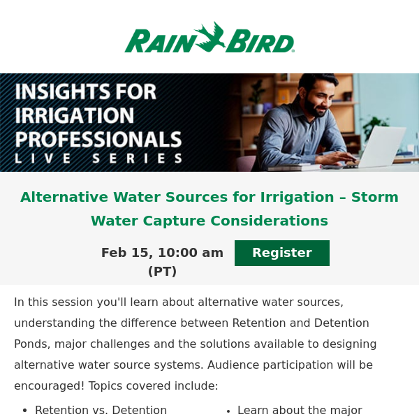 [Feb 15 Webinar] Alternative Water Sources for Irrigation – Storm Water Capture Considerations