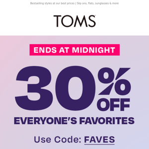 Ends at midnight! 30% off on over 200 styles