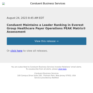 Conduent Maintains a Leader Ranking in Everest Group Healthcare Payer Operations PEAK Matrix® Assessment