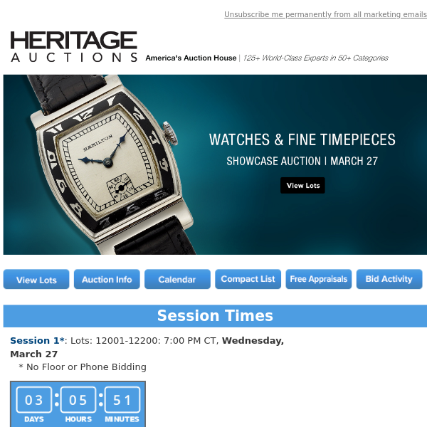 Ending Soon: March 27 Watches & Fine Timepieces Showcase Auction