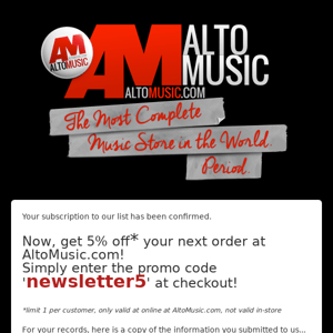 Alto Music Newsletter: Subscription Confirmed