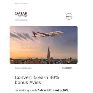 Qatar Airways , you have just 5 days to collect 30% bonus Avios