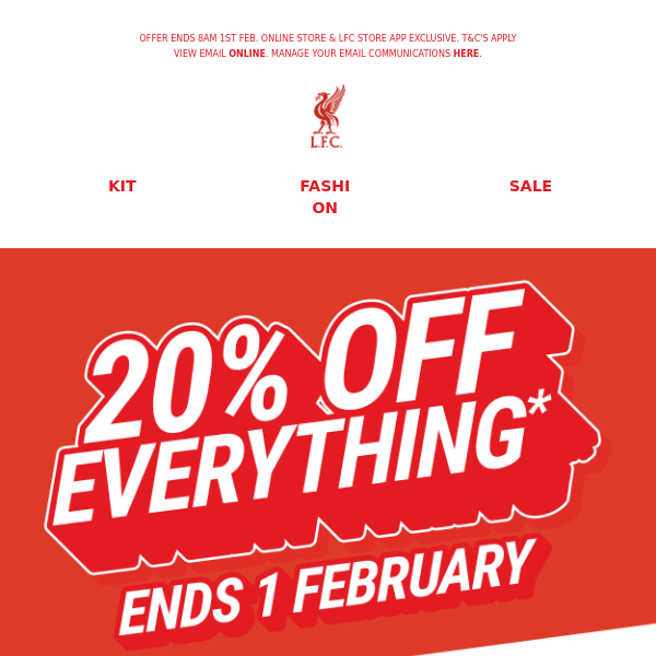 Reds, get 20% off EVERYTHING on the Online Store & LFC Store App 🚨
