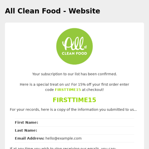 All Clean Food - Website: Subscription Confirmed