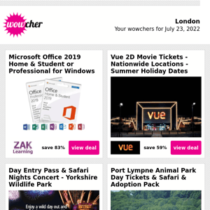 Microsoft Office Home & Student 2019 £24.99  | 2 Vue Movie Tickets £9 | Summer Safari Nights Tkt Voucher | Animal Park Safari & Adoption For 2 £59 | 50% off a Monster Fizzy Sweet Bucket £3