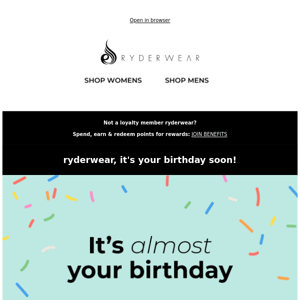 🎂 Ryderwear, $20 OFF on us. Happy Birthday!