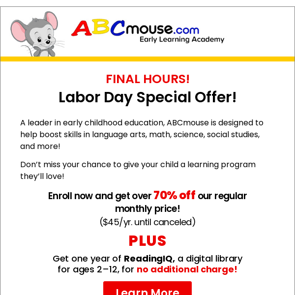 FINAL HOURS! Labor Day Special Offer!
