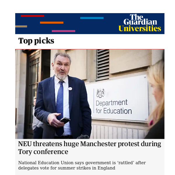 Guardian Universities: NEU threatens huge Manchester protest during Tory conference
