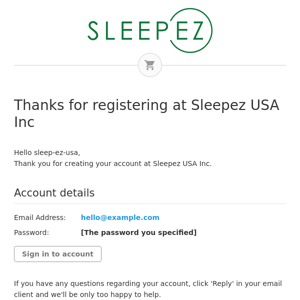 Thanks for registering at Sleepez USA Inc