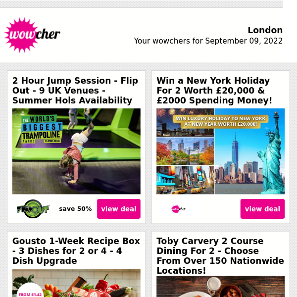 2hr Flip Out Jump Session £12 | Win A Luxury New York NYE Holiday! | 1-Week Gousto Recipe Box For 2 £12 | Toby Carvery Dining For 2 £17.50 | Amsterdam Christmas Market & Flights