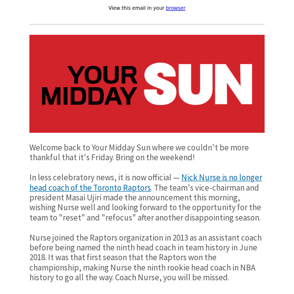 MIDDAY SUN: Nick Nurse out as Raptors head coach