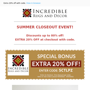 Summer Closeout! Save up to 80% off with Free Shipping. Extra 20% off with discount code.