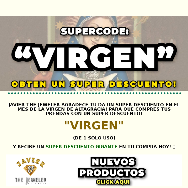 Javier The Jeweler NYC, SUPERCODE: "VIRGEN"👈 ASI FESTEJAMOS EL MES CON UN SUPER DESCUENTO 🤯