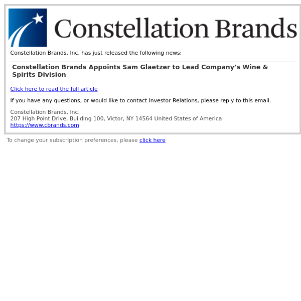 Constellation Brands Appoints Sam Glaetzer to Lead Company’s Wine & Spirits Division