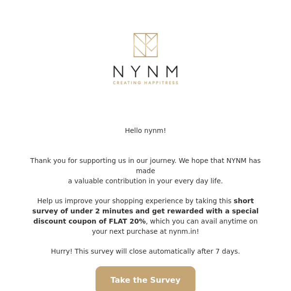 FLAT 20% OFF when you take this short survey