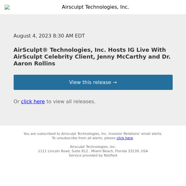 AirSculpt® Technologies, Inc. Hosts IG Live With AirSculpt Celebrity Client, Jenny McCarthy and Dr. Aaron Rollins