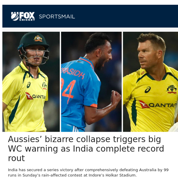 Aussies’ bizarre collapse triggers big WC warning as India complete record rout