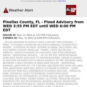 Pinellas County, FL - Flood Advisory from WED 3:55 PM EDT until WED 6:00 PM EDT