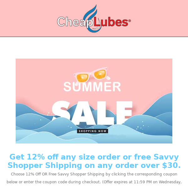 ☀CheapLubes.com 12% Off August Sale. Ends August 24th. (A,C)