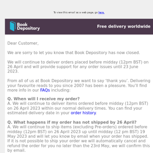 Book Depository has now closed