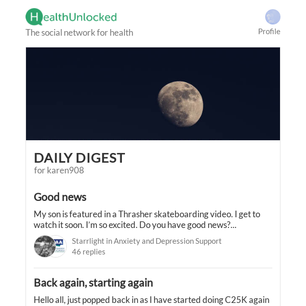 "Good news" and 11 more from HealthUnlocked