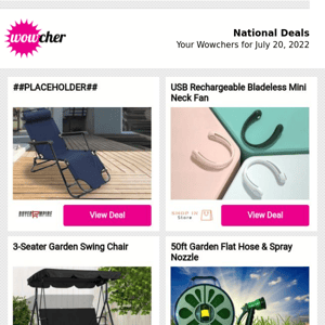 Wowchers for you: Pair of Sun Loungers | USB Rechargeable Bladeless Mini Neck Fan | 3-Seater Garden Swing Chair | 50ft Garden Flat Hose & Spray Nozzle | Pillar Fruit Trees