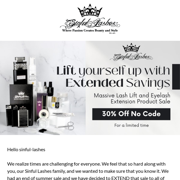 👑 Sinful Lashes Cares – Open for 30% Savings Announcement