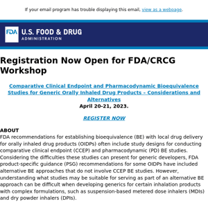 New Workshop: Comparative Clinical Endpoint and Pharmacodynamic Bioequivalence Studies for Generic Orally Inhaled Drug Products