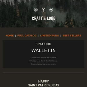 🍀 Craft And Lore, 15% off Wallets for St Patricks Day