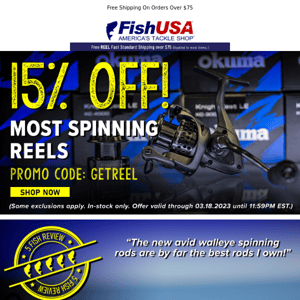 Your New Spinning Reel is 15% Off Today Only!