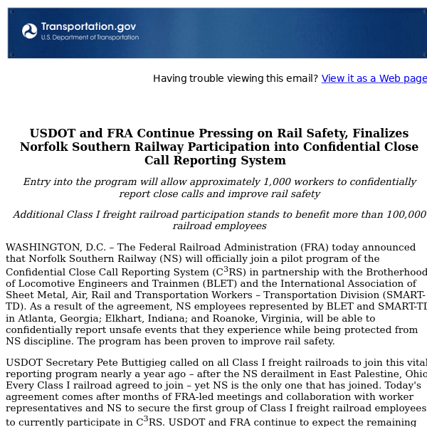 USDOT and FRA Continue Pressing on Rail Safety, Finalizes Norfolk Southern Railway Participation into Confidential Close Call Reporting System