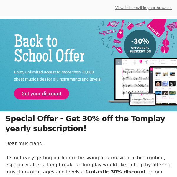 🎶Get 30% off the Tomplay yearly subscription!