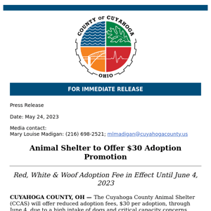 RELEASE: Animal Shelter to Offer $30 Adoption Promotion