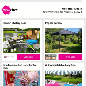Wowchers for you: Garden Mystery Deal | Pop Up Gazebo | Iron Man Inspired Hand Bubble Gun | Outdoor Inflatable Lazy Sofa | Mini Portable Air Conditioner
