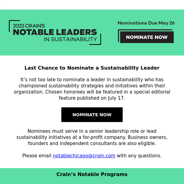 Nominations Close Soon - Notable Leaders in Sustainability