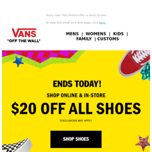 Ending Now! $20 Off Shoes is Almost Over