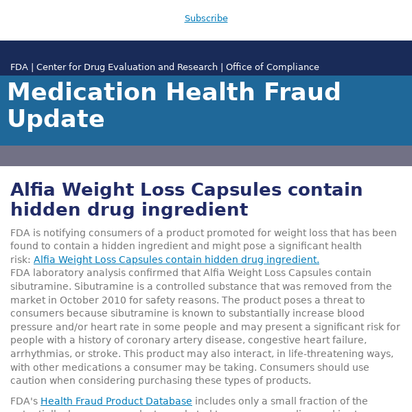 Alfia Weight Loss Capsules contain hidden drug ingredient