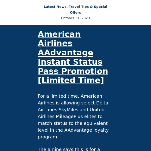 AA status match, $99 flights to Europe, free EV rentals, and more...