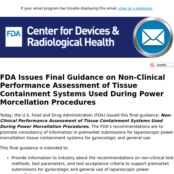 Final Guidance: Tissue Containment Systems Used During Power Morcellation Procedures