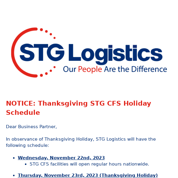 NOTICE: Thanksgiving STG CFS Holiday Schedule