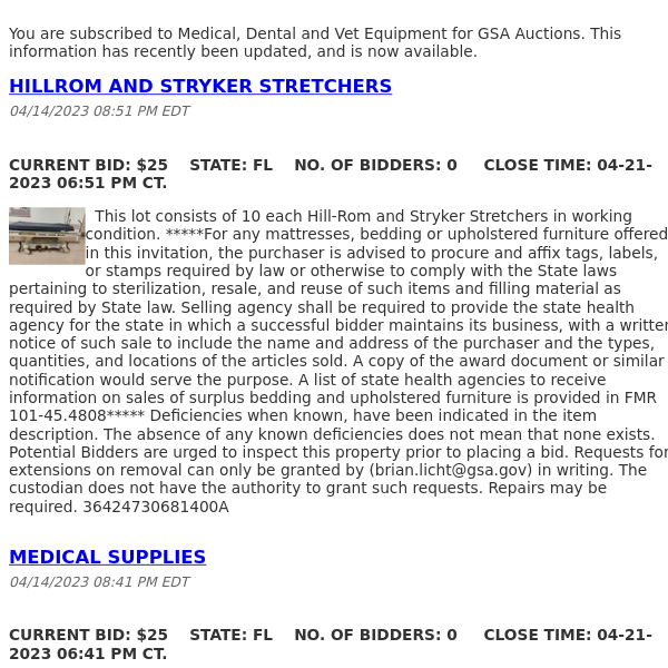 GSA Auctions Medical, Dental and Vet Equipment Update