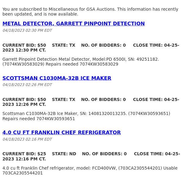 GSA Auctions Miscellaneous Update