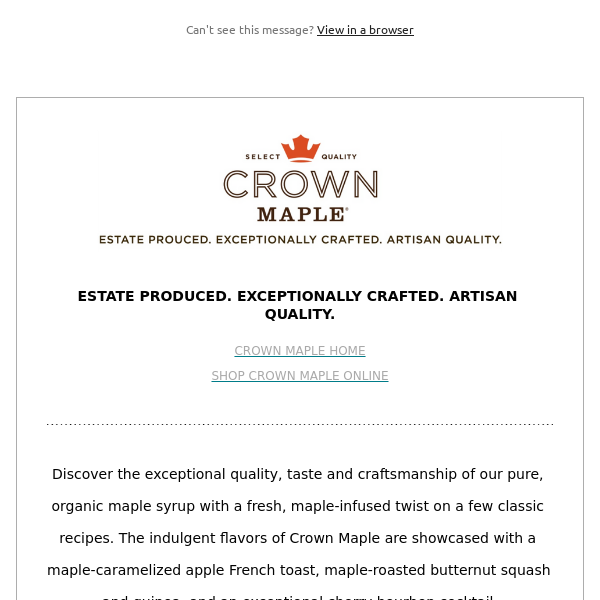 Discover 3 Exceptional Crown Maple Recipes - SAVE 15% Promo & FREE Shipping over $75