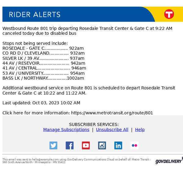 Route 801 trip departing Rosedale Transit Center & Gate C at 9:22 AM canceled