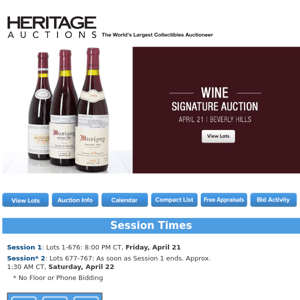 Tonight at 8 PM CT: April 21 Fine & Rare Wine Auction - Beverly Hills