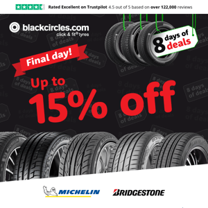 An amazing 15% off selected tyres - Cyber Monday tyre deals are here!