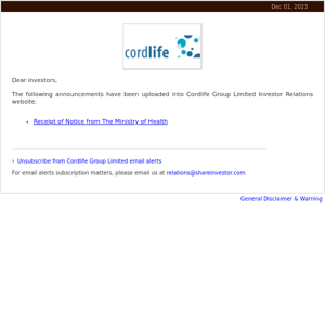 Cordlife Group Limited - Announcement